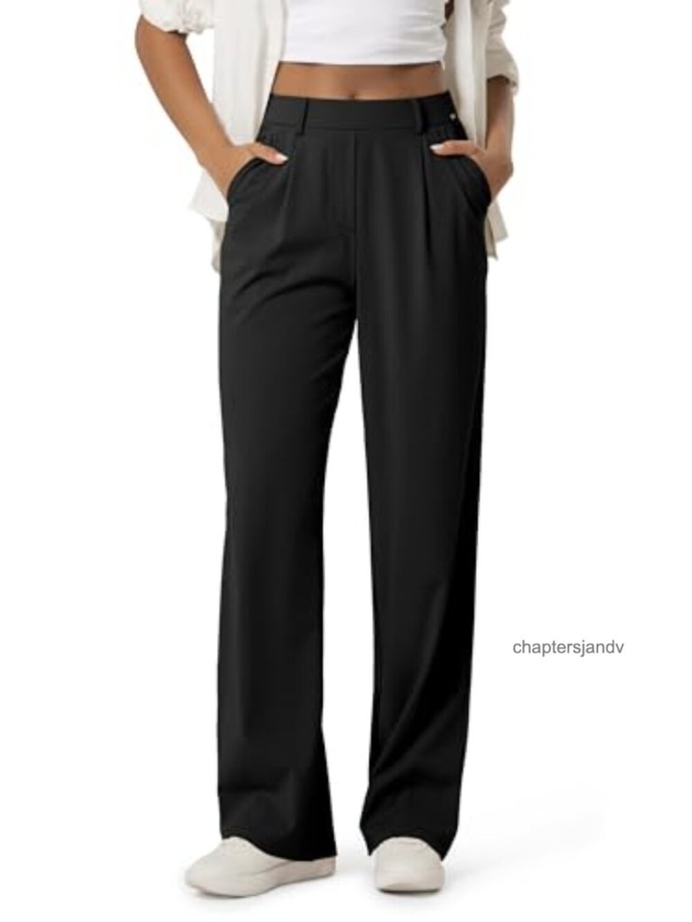 High-Rise Wide Leg Trousers with Pockets, Stretch Work Pants